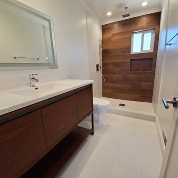 Sleek Aliso Viejo Bathroom Remodel with Rich Wood-Inspired Shower