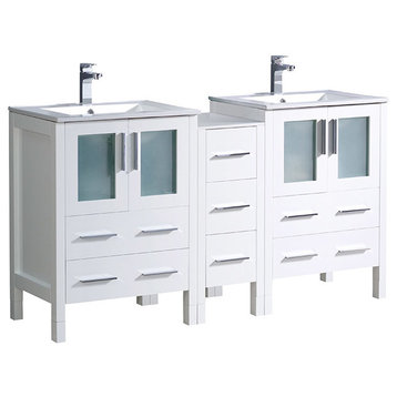 Torino 60" White Modern Double Sink Bathroom Cabinets With Integrated Sinks