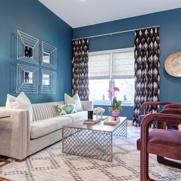 A relaxing modern living room with saturated jewel tones