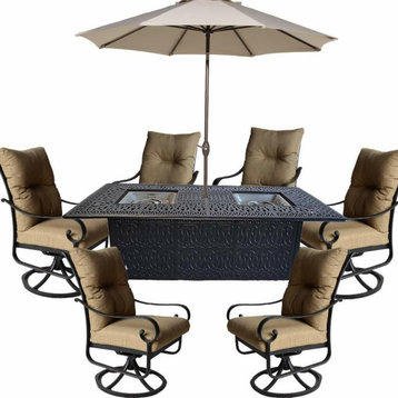9-Piece Outdoor Dining Set With Fire Pit and Sunbrella Cushions