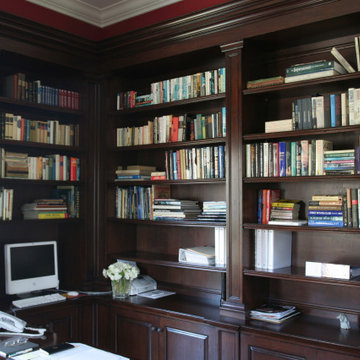 Custom Handcrafted Fire Mantels, Library Cabinets, Desk, Dark Stain Traditional