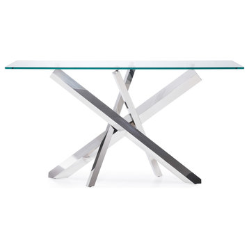 Modern Cortez Console Table - Clear Glass with Polished Stainless Steel Base