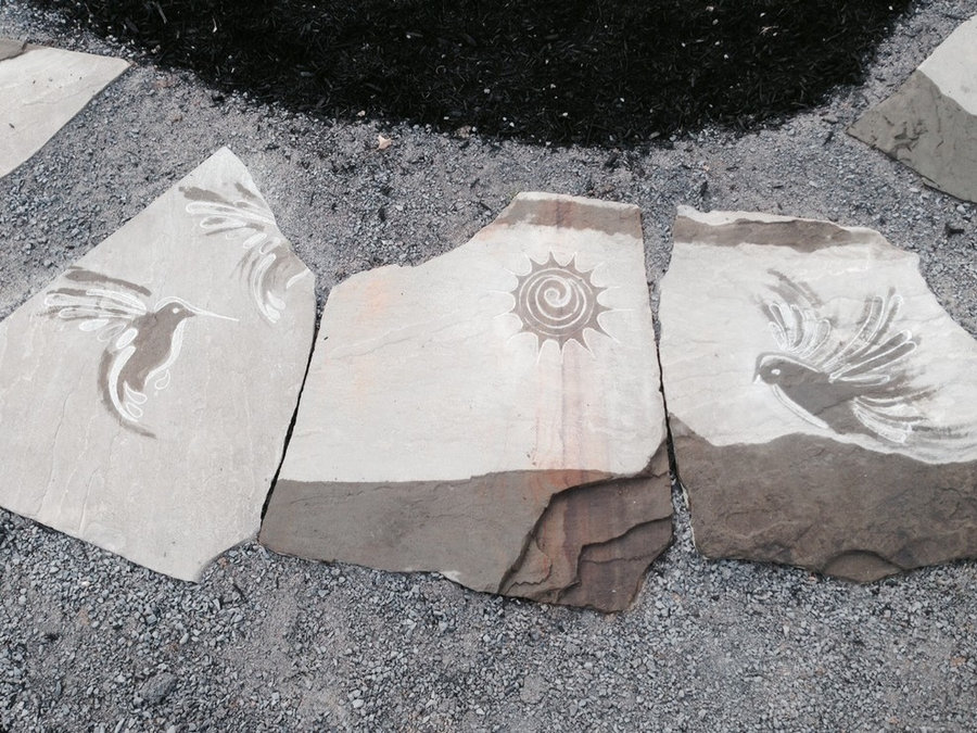 Flagstone Paver Pathway- pavers at top of path with birdfeeder
