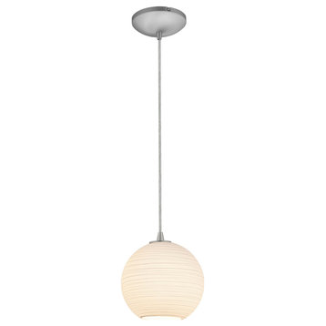 Japanese Lantern, LED Cord Pendant, 8"W, Brushed Steel, White Lined Glass