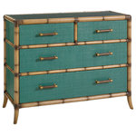Tommy Bahama Home - Pacific Teal Chest - Highly versatile, the 4-drawer chest features leather-wrapped bamboo carved moldings with burnished edges on the Bermuda Sands finish. Contrasting woven raffia on the top, drawer fronts and end panels creates an interesting texture in this Pacific Teal finish. We have included a protective glass top. The drawer interior are also fully finished in Pacific Teal. Create a distinctive pairing with a mirror or artwork in any room of your home.