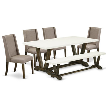 East West Furniture V-Style 6-piece Wood Dining Set with Linen Seat in Brown