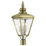Livex Lighting Inc. - 3 Light Antique Brass Outdoor Large Post Top Lantern, Brushed Nickel Cluster - The stylish antique brass finish outdoor Adams large post top lantern is a great way to update your home's exterior decor. Flat metal curved arms attach to the solid brass decorative housing while clear glass shows off the brushed nickel finish cluster.