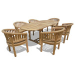 Windsor Teak Furniture - Grade A Teak 82" Ext. Table, 6 Curved ArmChairs - The Buckingham Oval 82 x 39" Double Leaf Extension Table w/6  Impressive Kensington Curved ArmChairs comfortably seats 6 and closes down to 58" when closed, 70" long with one leaf open...giving you 3 different size tables. The table is designed with unique butterfly pop up leafs that enables you to open or close the table in 15 seconds. The table also comes with cap covered umbrella hole and a built-in umbrella base. The Kensington chairs have a sweeping and elegant curved design. Made of extra thick solid Grade A Teak, they're very comfortable with a generously wide seat. Some assembly w/ table.  Truck delivery.