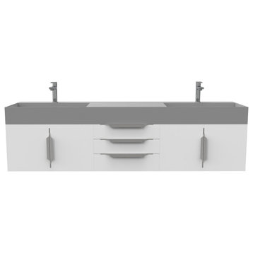 Amazon 72" Wall Mounted Bathroom Vanity Set, White, Gray Top, Brushed Nickel