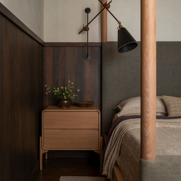 Antique Elm Custom Stained Paneling in Interlachen Modern Lakehouse Bedroom