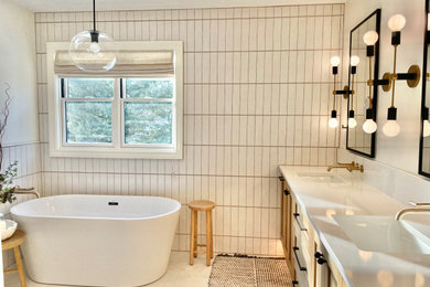 Bathroom - mid-sized mid-century modern master white tile and porcelain tile porcelain tile, gray floor and double-sink bathroom idea in Other with shaker cabinets, light wood cabinets, white walls, an undermount sink, quartz countertops, white countertops and a floating vanity