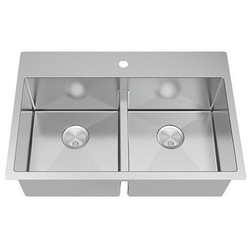Transolid Diamond 33"x22" Dual Mount Double Bowl 1 Hole Kitchen Sink, Stainless