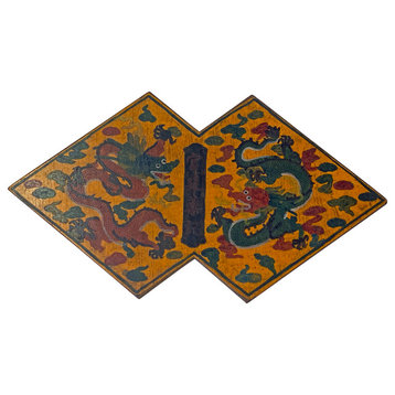 Chinese Distressed Yellow Lacquer Double Rhombus Dragons Graphic Box Hws2334