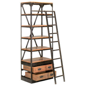 80x32" Rustic Industrial Mobile Library Bookcase with Ladder and Drawers