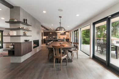 Inspiration for a contemporary dark wood floor and brown floor kitchen/dining room combo remodel in Vancouver with gray walls and a ribbon fireplace