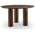 Meridian Furniture - Colosseum Dining Table, Black, Brown - Dinner guests can't help but be impressed when they're seated at this Colosseum brown dining table. Its rich brown finish and oak veneer, crafted from a mix of solid wood and MDF, evoke mid-century modern charm. The distinctive three-column base and round top ensure ample legroom and elbow room, making it perfect for lively gatherings and intimate dinners alike. With a blend of sophistication and functionality, this table promises to be the centerpiece of memorable dining experiences in your home.