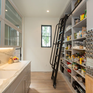 Inspiration for a transitional galley kitchen pantry in Other with an undermount sink, flat-panel cabinets, grey cabinets, white splashback, light hardwood floors, beige floor and white benchtop.