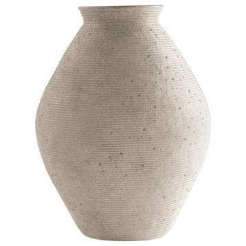 Dale 17" Round Polyresin Vase, Tightly Ribbed Texture, Antique Beige