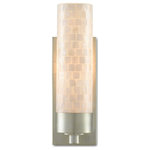 Currey & Company - Abadan Wall Sconce - The Abadan Wall Sconce has a stylish thin canister shade made of luminous mother of pearl. When the lights are switched on, the surface of the shell ignites to make the polished nickel metal on this silver wall sconce just as radiant. Its designer Clarence Millari says it's a terrific fit for a hallway or a bath.