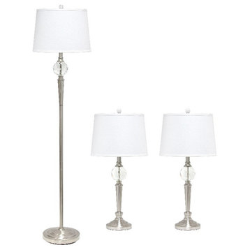 Elegant Designs Brushed Nickel 3Pk Table Lamp Set with Crystal Accented Base