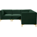 Meridian Furniture - Alina Velvet Modular L-Shaped Modular Sectional, Green, 5-Piece: 2 Armless Chair, 3 Corner Chair - Bring modern beauty to your space with the addition of this Alina Velvet Modular sectional. This beautiful sectional features deep channel tufting to ramp up its visual interest and add to its resilient demeanor. Its soft green velvet upholstery blends nicely with existing elements in your room and is sleek to the touch, making this seat a super comfortable one. Part of the modular Alina collection, this sectional has a latch that attaches it to other pieces to create your custom seating arrangement.
