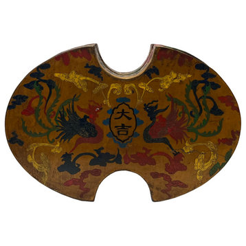 Chinese Distressed Mustard Yellow Phoenix Graphic Oval Shape Box Hws3388