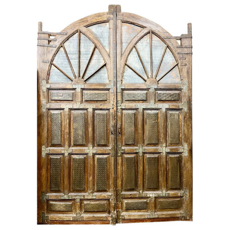 Consigned Antique Indian Doors Teak Gates Brass Cladded Arched Doors 118x92