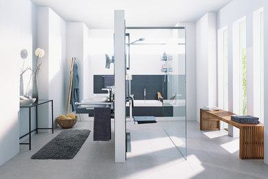 Großes Modernes Duschbad mit Einbaubadewanne, offener Dusche, blauen Fliesen, Porzellanfliesen, weißer Wandfarbe, Zementfliesen für Boden, Aufsatzwaschbecken, grauem Boden und offener Dusche in Hamburg