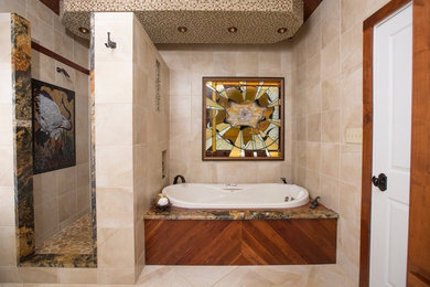 Bathroom - mid-sized transitional master beige tile and ceramic tile ceramic tile and beige floor bathroom idea in Other with beige walls