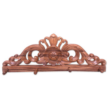 NOVICA Blooming Lotus And Wood Coat Rack