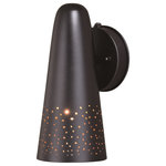 Vaxcel - Ephraim 5" Outdoor Wall Light Textured Black - The exciting Ephraim collection is sure to surprise. Textured black tapered shades are perforated to reveal a warm glow of gold when lit. Perfect for any modern outdoor space this exciting duo is available in wall or ceiling mounted styles. Mount these lights on your porch, entryway, or garage and experience this contemporary look for yourself.