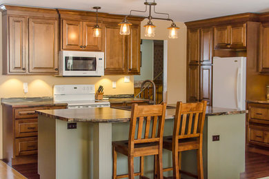 Mid-sized arts and crafts single-wall dark wood floor and brown floor kitchen pantry photo in Toronto with a double-bowl sink, raised-panel cabinets, medium tone wood cabinets, quartz countertops, white appliances and an island