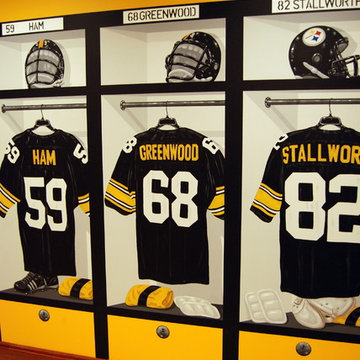 Pittsburgh Steelers 1970's Themed Locker Room Murals in a Home Gym/Game Room
