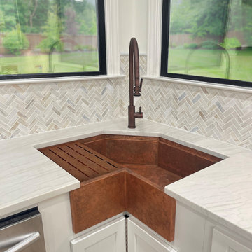 Copper corner apron front workstation sink