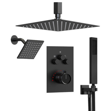 Dual Heads 12"Rain High Pressure Shower System with 3 Way Thermostatic Faucet, Matte Black