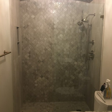 BATHROOM - Gray Limestone Tile - Arabesque Mosaic, 4x12 Herring Bone 8x12 Plank