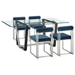 Armen Living - Kai Anastasia Glass Dining Table 5-Piece Set, Blue Fabric Chairs - Give a sophisticated upgrade to your dining area with the Kai Anastasia Dining Set by Armen Living. This set includes 1 Kai Rectangular Glass Dining Table with Metal base and 4 Anastasia Upholstered Dining Chairs. The crisp and clean-lined design of our dining set offers modern drama and elegance. The rectangular, glass tabletop beautifully balances on a streamlined metal base. The sharp angles and contrasting finishes lend a touch of polish and definition to our dining table. It serves as a brilliant complement to our Anastasia dining chairs. The Anastasia's cushioned backrest and padded seat showcase a neat channeling detail that provides texture for a chic and inviting look. Creating a beautiful contrast with the sleek frame and comfortable cushions, these dining chairs are set to make a stylish impact. The chair is upholstered in performance fabric or smooth faux leather to offer easy care and maintenance. Together, this dining set can bring an elevated tone to your kitchen, dining room, or living space. It serves as the perfect spot to enjoy dinners, engaging conversations, and activities. With sturdy construction and high-quality materials, our dining set will continue to bring style and comfort to your home. The Kai Anastasia 5 Piece Rectangular Glass Dining Table Set is available in matching finishes and a variety of colors, or sold separately to achieve any look you desire.