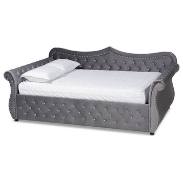 Traditional Grey Velvet Fabric Upholstered and Crystal Tufted Full Size Daybed