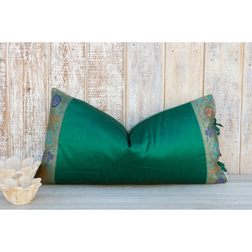 Emerald Large Festive Indian Silk Queen Lumbar Pillow Cover