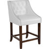 24" High Tufted Walnut Counter Height Stool,Accent Nail Trim,White Leather