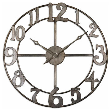 Large 32" Open Bronze Contemporary Wall Clock, Round Metal Mid Century Modern