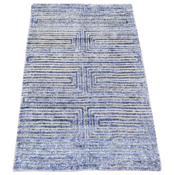 Denim Blue, Modern Design, Wool With Silk Hand Knotted Mat Rug, 2'0"x3'0"