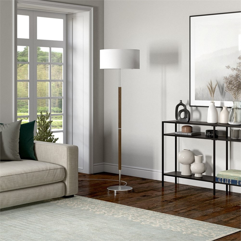 Maklaine Contemporary 2-Bulb Floor Lamp in Rustic Oak and Polished ...