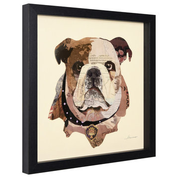 English Bulldog Pup Dimensional Handmade Collage Wall Art Framed Under Glass