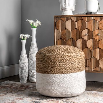 nuLOOM Liana Braided Two Tone Jute Pouf, Natural