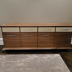 custom walnut with maple inlay dining set with leather drawers - Buffets And Sideboards