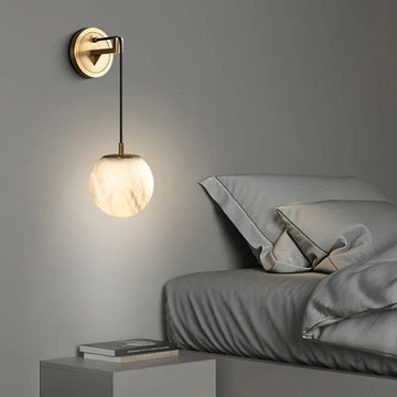 Spherical Alabaster Wall Sconce in Natural Brass
