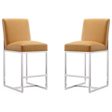Element 24" Faux Leather Counter Stool in Camel and Polished Chrome (Set of 2)