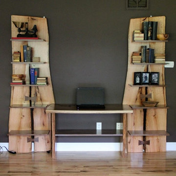 Rustic Live Edge Oak Slab Bookcase / Built In Desk