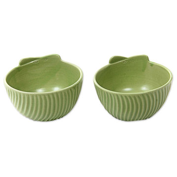 Green Banana LeavesSmall Ceramic Bowls, Set of 2